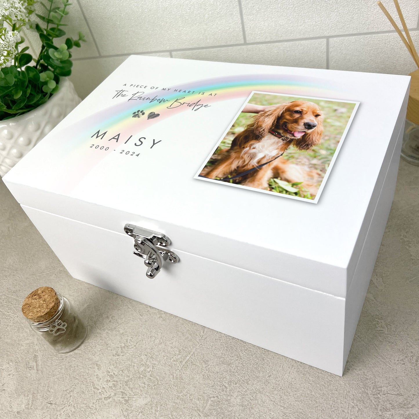 Personalised White Painted Wooden Rainbow Bridge Pet Photo Memorial Keepsake Box - 3 Sizes