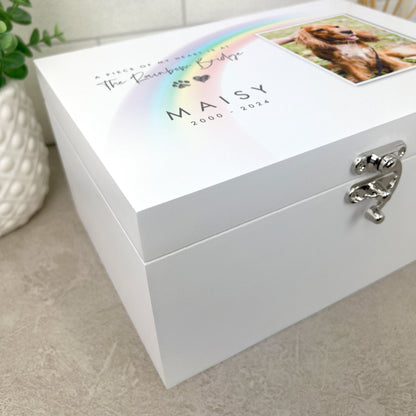 Personalised White Wooden Rainbow Bridge Pet Photo Memorial Keepsake Box - 3 Sizes