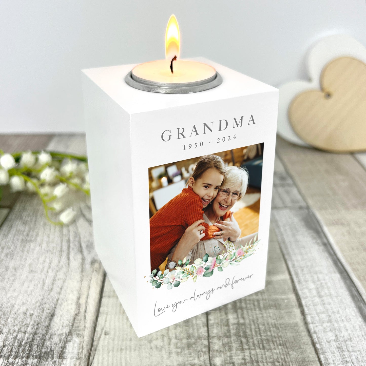 Personalised Memorial Floral White Wooden Photo Tea Light Holder