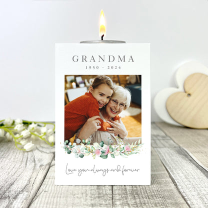 Personalised Memorial Floral White Wooden Photo Tea Light Holder