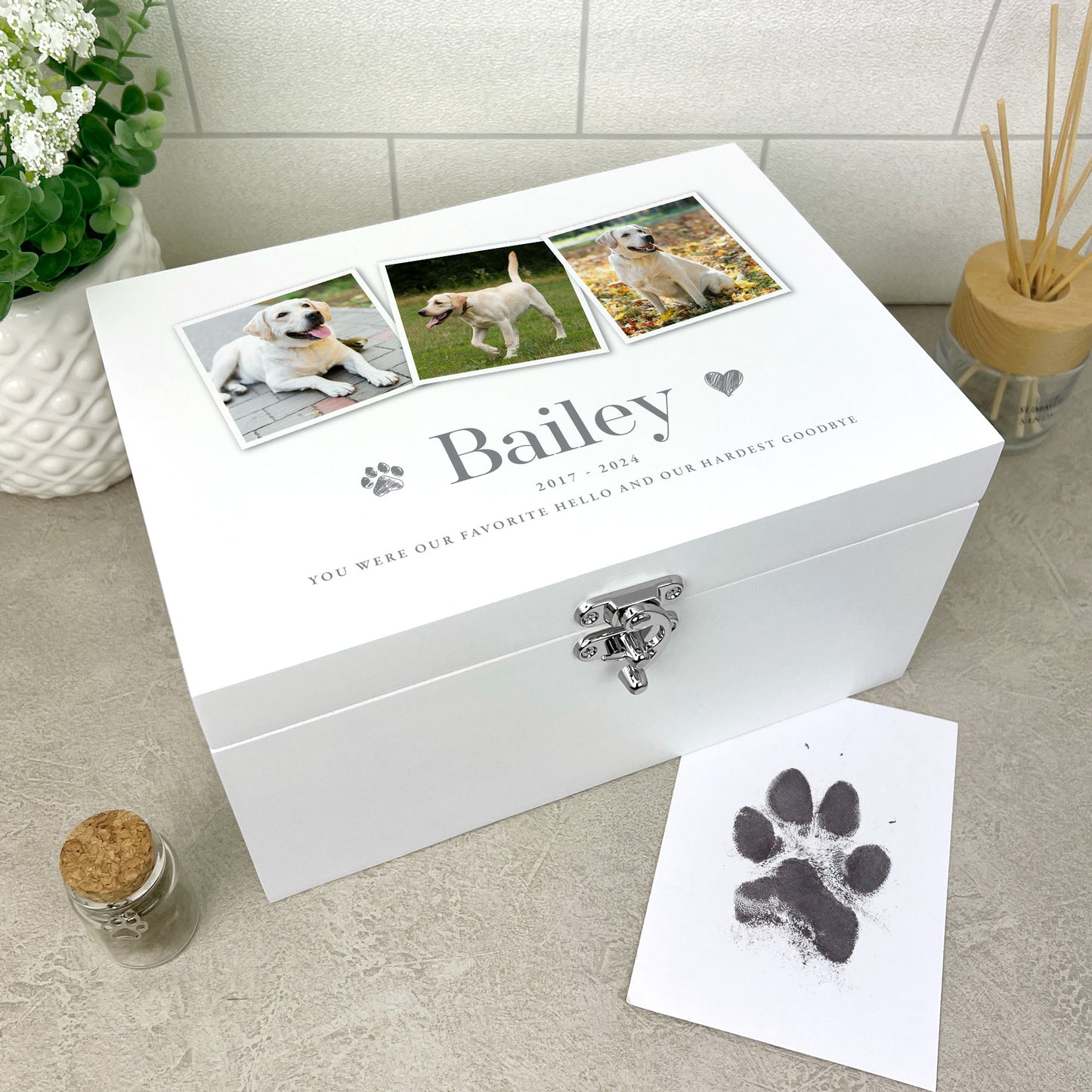 Personalised White Wooden Three Photo Pet Memorial Keepsake Box - 3 Sizes