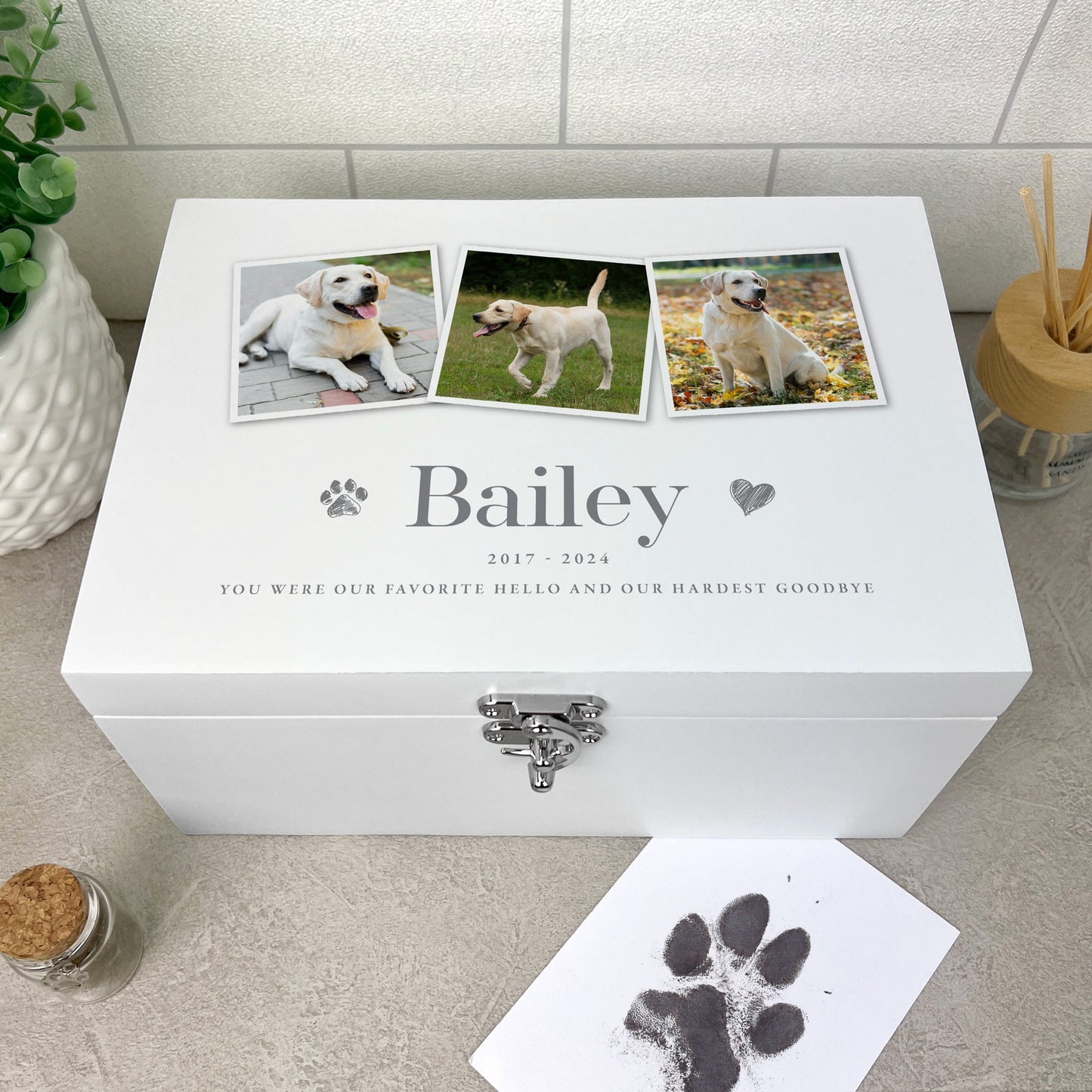 Personalised White Painted Wooden Three Photo Pet Memorial Keepsake Box - 3 Sizes