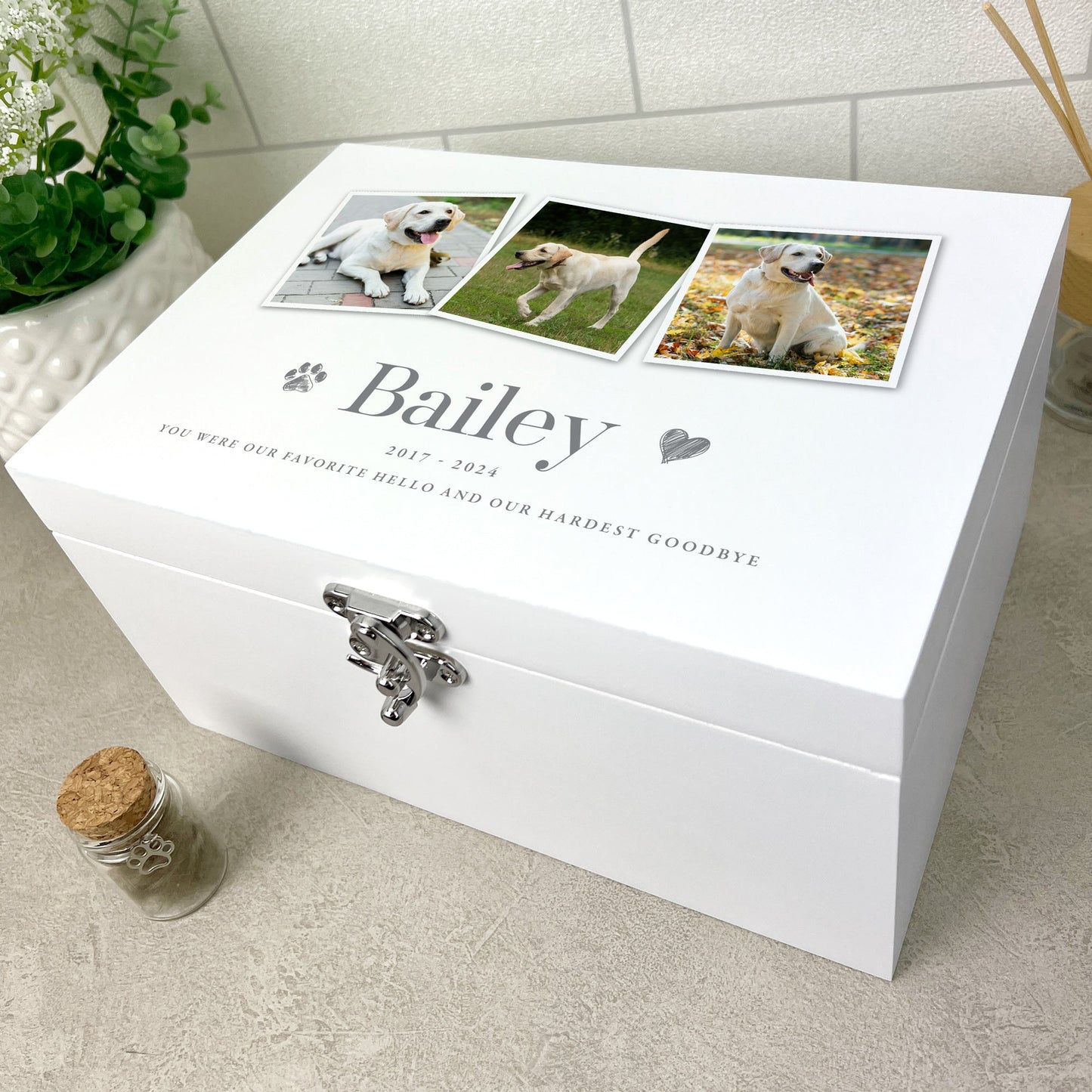 Personalised White Wooden Three Photo Pet Memorial Keepsake Box - 3 Sizes