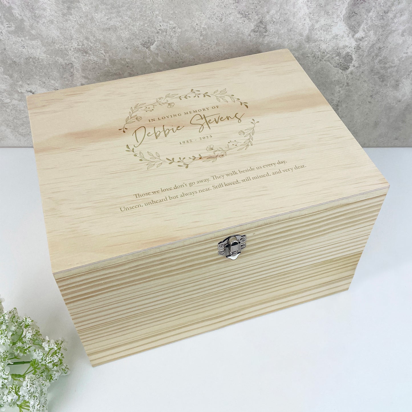 Personalised Pine Wooden Engraved Wreath Keepsake Memory Box - 4 Sizes
