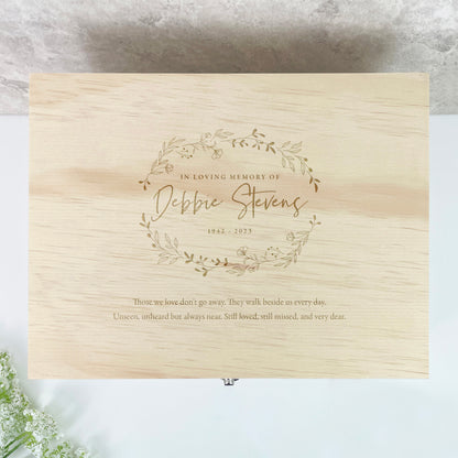 Personalised Pine Wooden Engraved Wreath Keepsake Memory Box - 4 Sizes