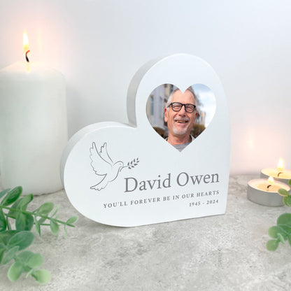 Personalised White In Loving Memory Dove Photo Freestanding Heart