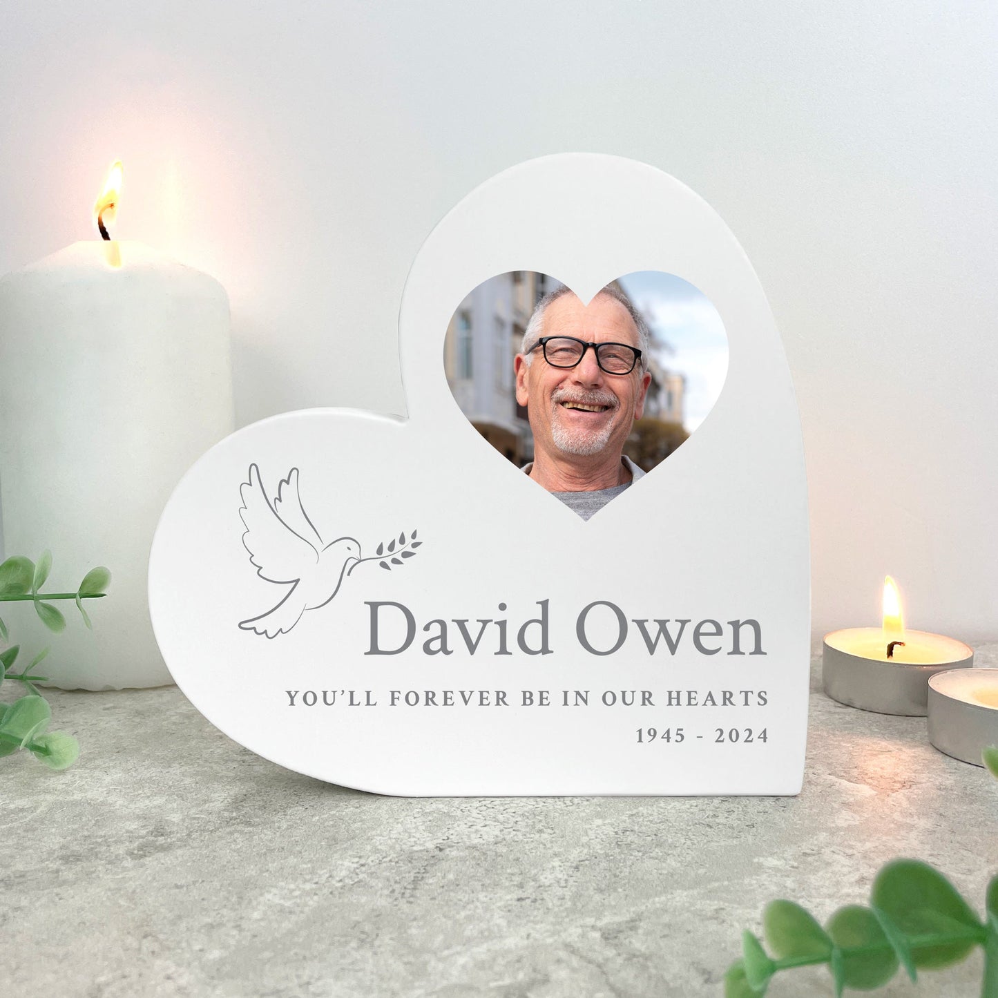 Personalised White In Loving Memory Dove Photo Freestanding Heart