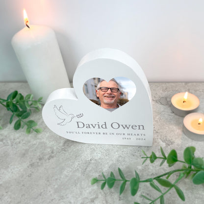 Personalised White In Loving Memory Dove Photo Freestanding Heart