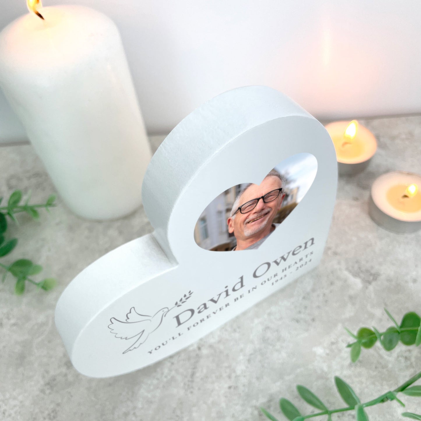 Personalised White In Loving Memory Dove Photo Freestanding Heart