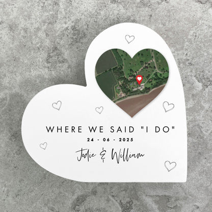 Personalised Map Location Heart White Freestanding Heart