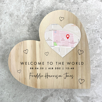 Personalised Map Location Heart Wooden Freestanding Heart