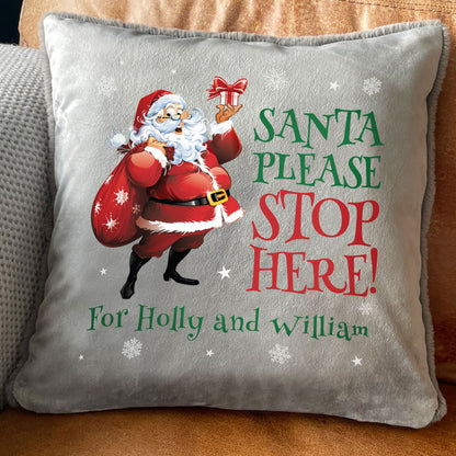 Personalised Cartoon Santa Stop Here Faux Fur Cuddle Cushion