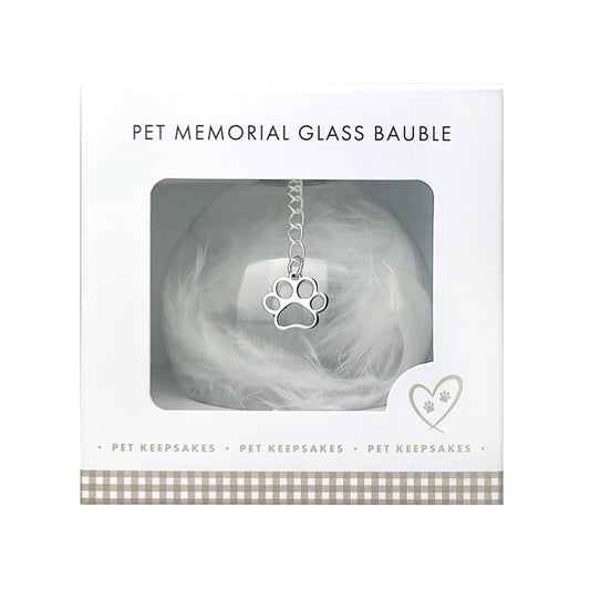 Pet Memorial Feather Filled Glass Bauble With Paw Print Charm